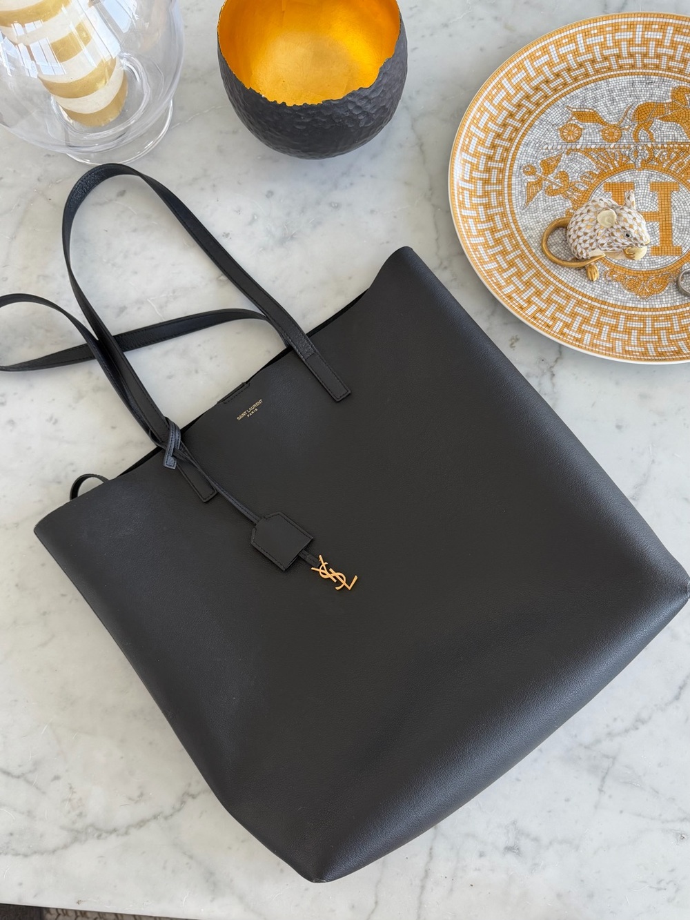 Saint Laurent Black Leather Tote with Gold YSL Charm